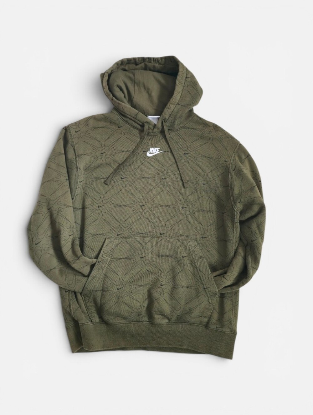 Nike Club Center Swoosh Olive Green All Over‎ Logo Hoodie